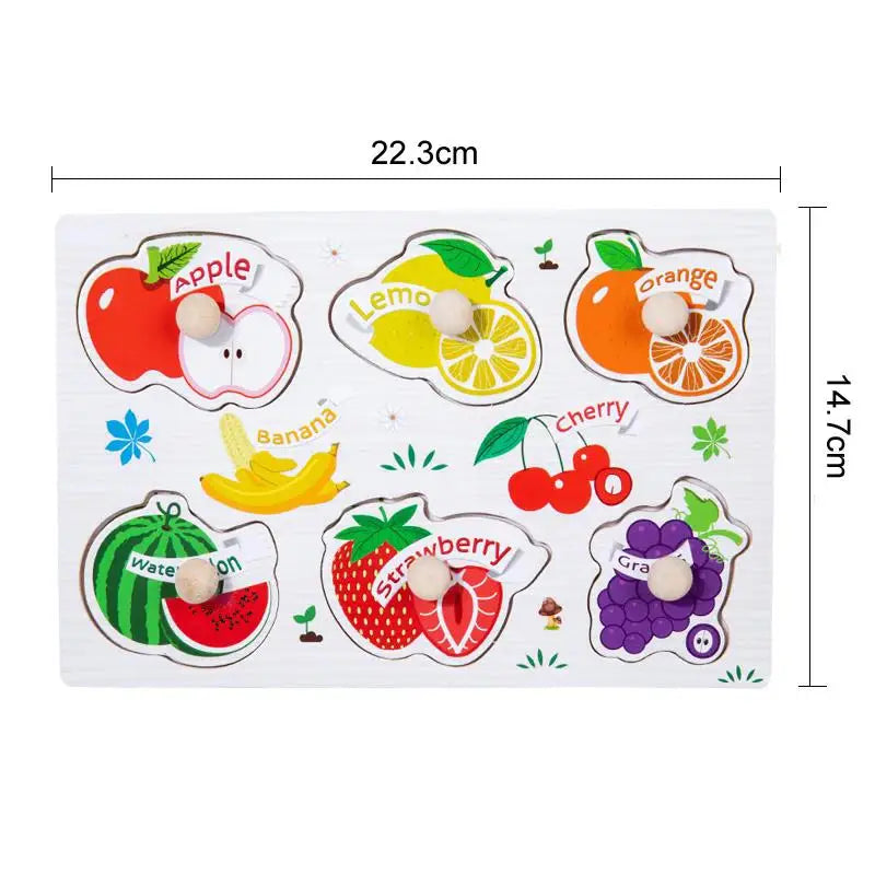 ﻿Montessori Wooden Hand Grab Boards Baby Educational Cartoon Vehicle Animals Fruits 3D Puzzles Kids Early Education Toys TMZ﻿
