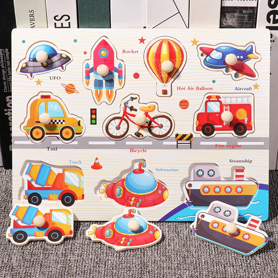 ﻿Montessori Wooden Hand Grab Boards Baby Educational Cartoon Vehicle Animals Fruits 3D Puzzles Kids Early Education Toys TMZ﻿