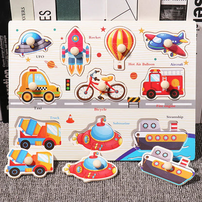 ﻿Montessori Wooden Hand Grab Boards Baby Educational Cartoon Vehicle Animals Fruits 3D Puzzles Kids Early Education Toys TMZ﻿