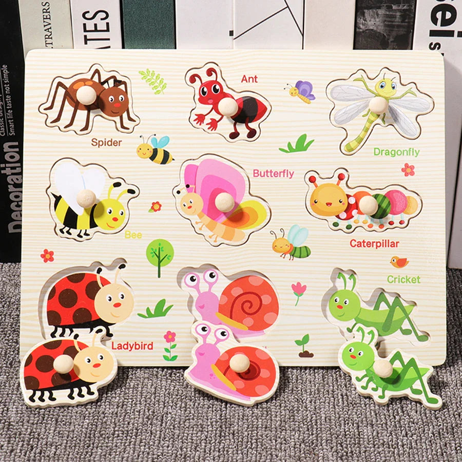 ﻿Montessori Wooden Hand Grab Boards Baby Educational Cartoon Vehicle Animals Fruits 3D Puzzles Kids Early Education Toys TMZ﻿