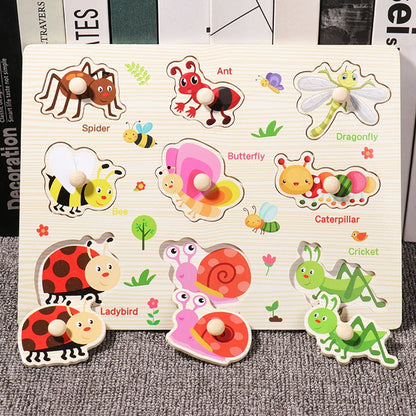 ﻿Montessori Wooden Hand Grab Boards Baby Educational Cartoon Vehicle Animals Fruits 3D Puzzles Kids Early Education Toys TMZ﻿