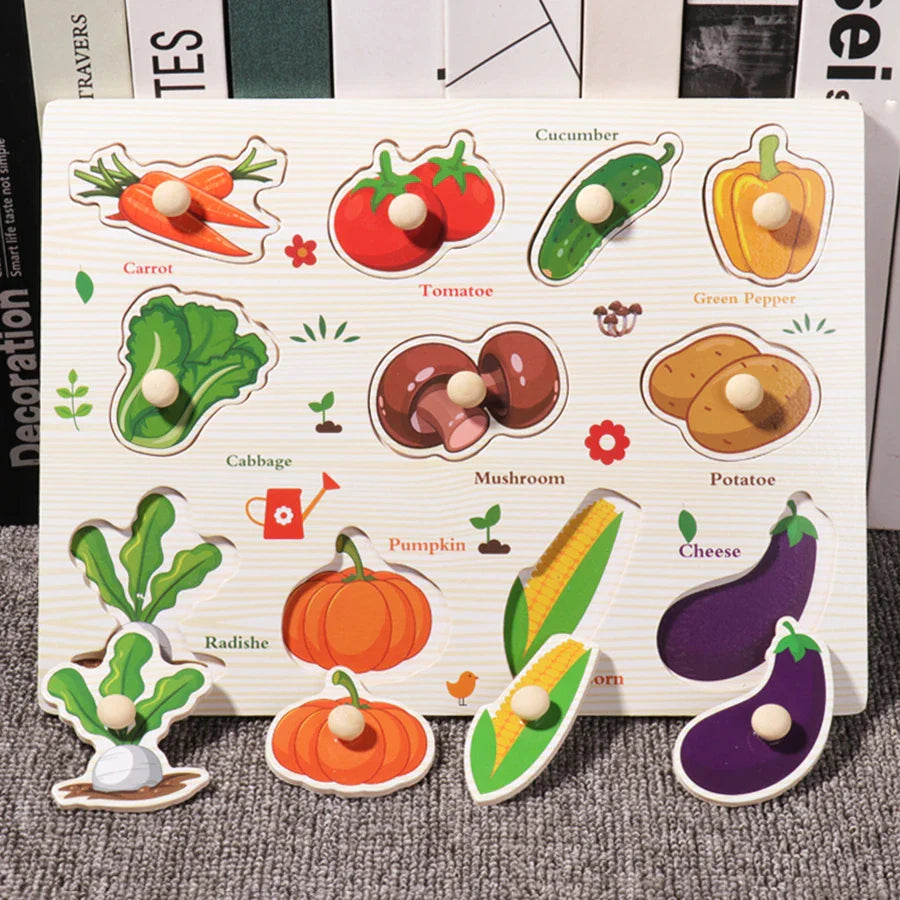 ﻿Montessori Wooden Hand Grab Boards Baby Educational Cartoon Vehicle Animals Fruits 3D Puzzles Kids Early Education Toys TMZ﻿