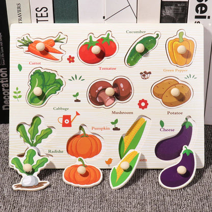 ﻿Montessori Wooden Hand Grab Boards Baby Educational Cartoon Vehicle Animals Fruits 3D Puzzles Kids Early Education Toys TMZ﻿