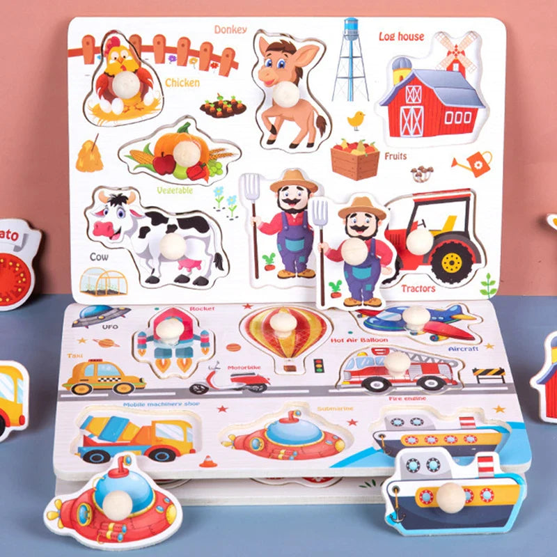 ﻿Montessori Wooden Hand Grab Boards Baby Educational Cartoon Vehicle Animals Fruits 3D Puzzles Kids Early Education Toys TMZ﻿