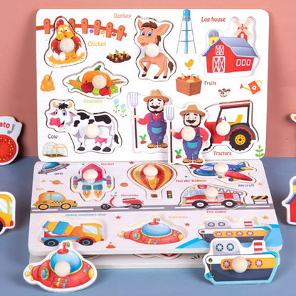 ﻿Montessori Wooden Hand Grab Boards Baby Educational Cartoon Vehicle Animals Fruits 3D Puzzles Kids Early Education Toys TMZ﻿