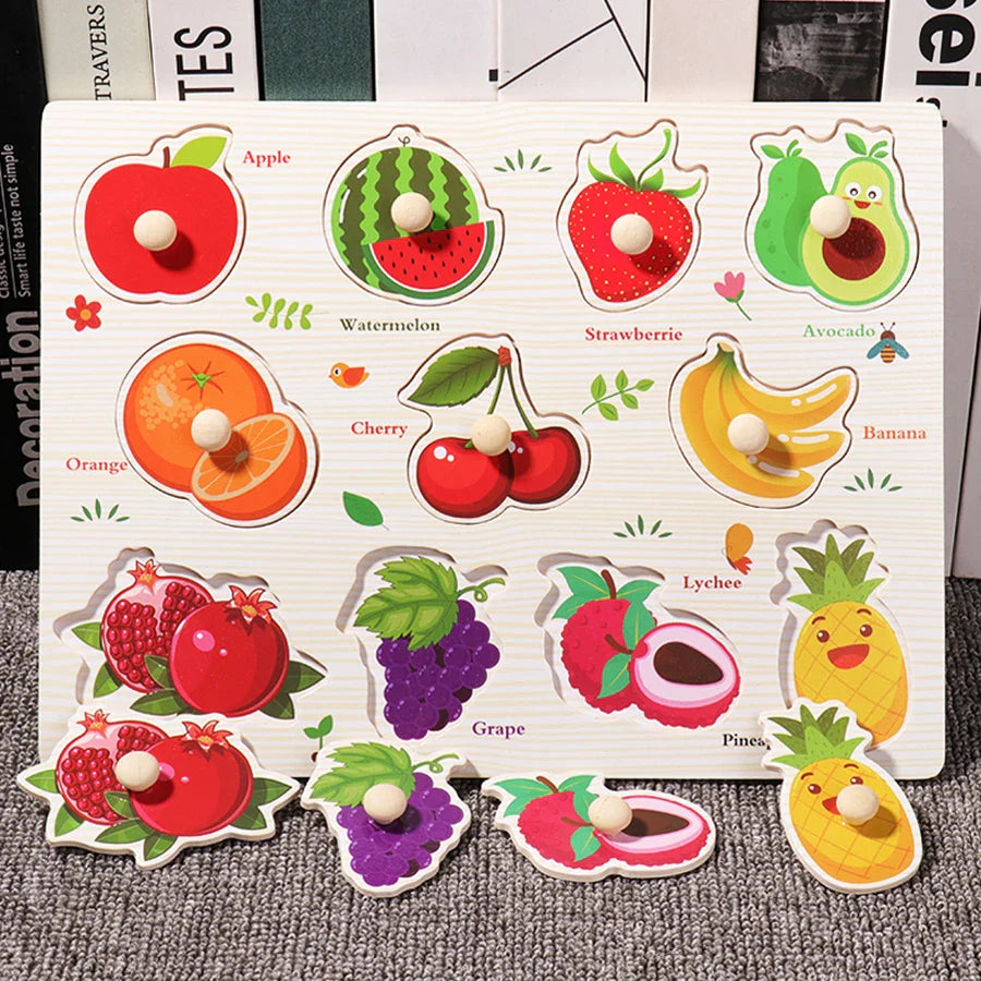 ﻿Montessori Wooden Hand Grab Boards Baby Educational Cartoon Vehicle Animals Fruits 3D Puzzles Kids Early Education Toys TMZ﻿