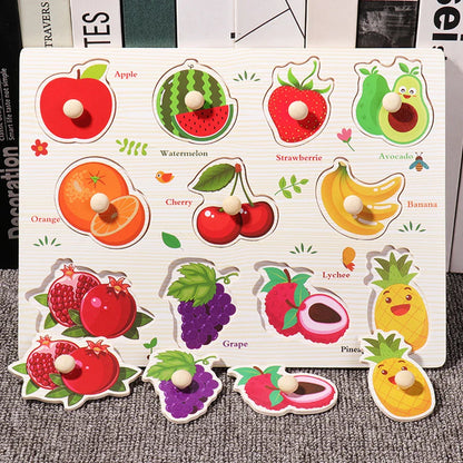 ﻿Montessori Wooden Hand Grab Boards Baby Educational Cartoon Vehicle Animals Fruits 3D Puzzles Kids Early Education Toys TMZ﻿
