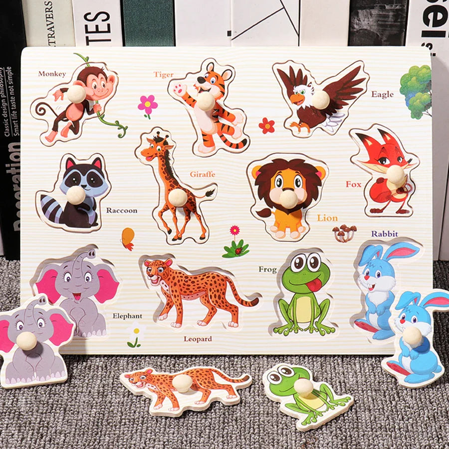 ﻿Montessori Wooden Hand Grab Boards Baby Educational Cartoon Vehicle Animals Fruits 3D Puzzles Kids Early Education Toys TMZ﻿