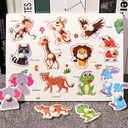 ﻿Montessori Wooden Hand Grab Boards Baby Educational Cartoon Vehicle Animals Fruits 3D Puzzles Kids Early Education Toys TMZ﻿