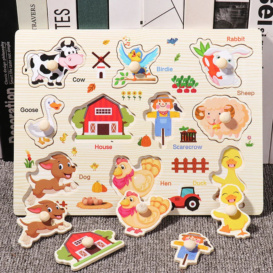 ﻿Montessori Wooden Hand Grab Boards Baby Educational Cartoon Vehicle Animals Fruits 3D Puzzles Kids Early Education Toys TMZ﻿