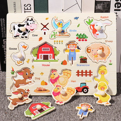 ﻿Montessori Wooden Hand Grab Boards Baby Educational Cartoon Vehicle Animals Fruits 3D Puzzles Kids Early Education Toys TMZ﻿