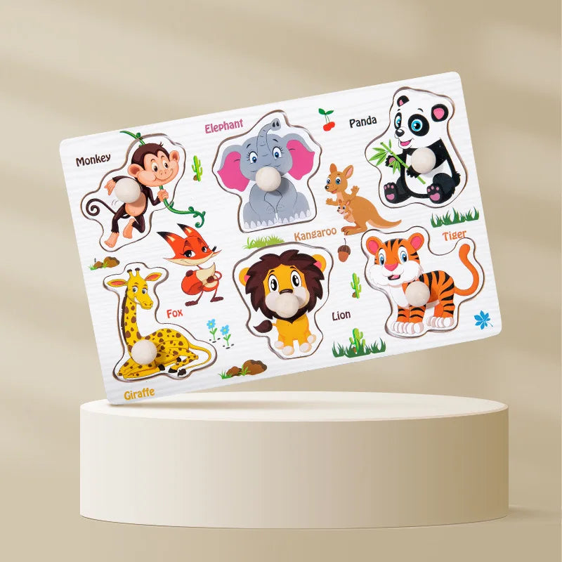 ﻿Montessori Wooden Hand Grab Boards Baby Educational Cartoon Vehicle Animals Fruits 3D Puzzles Kids Early Education Toys TMZ﻿