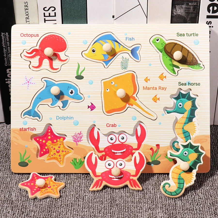 ﻿Montessori Wooden Hand Grab Boards Baby Educational Cartoon Vehicle Animals Fruits 3D Puzzles Kids Early Education Toys TMZ﻿