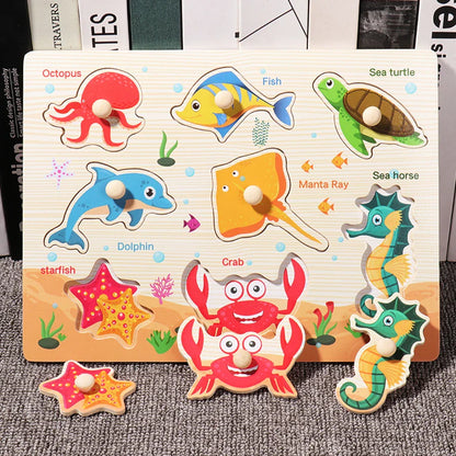 ﻿Montessori Wooden Hand Grab Boards Baby Educational Cartoon Vehicle Animals Fruits 3D Puzzles Kids Early Education Toys TMZ﻿