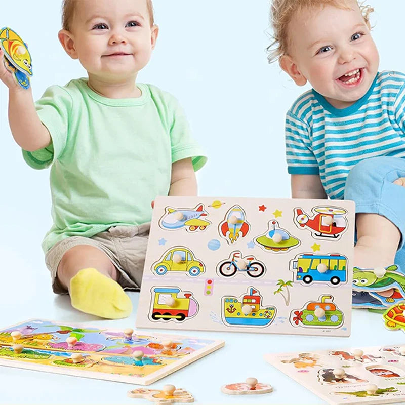 ﻿Montessori Wooden Hand Grab Boards Baby Educational Cartoon Vehicle Animals Fruits 3D Puzzles Kids Early Education Toys TMZ﻿