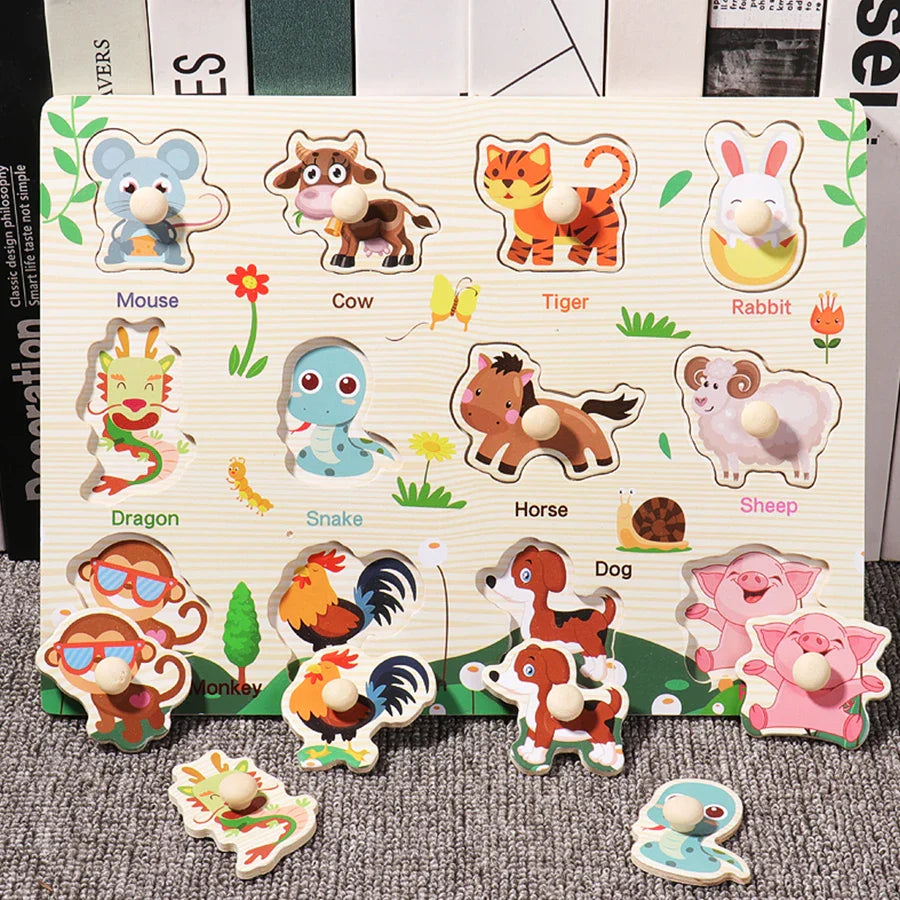 ﻿Montessori Wooden Hand Grab Boards Baby Educational Cartoon Vehicle Animals Fruits 3D Puzzles Kids Early Education Toys TMZ﻿