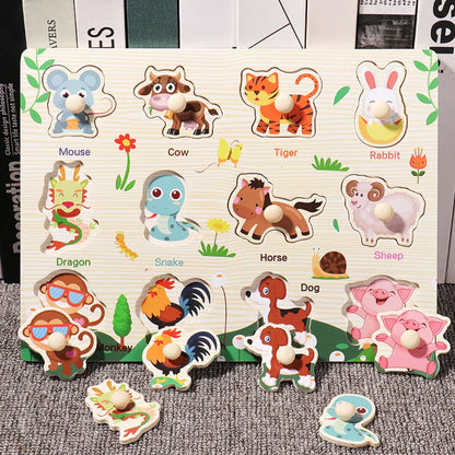 ﻿Montessori Wooden Hand Grab Boards Baby Educational Cartoon Vehicle Animals Fruits 3D Puzzles Kids Early Education Toys TMZ﻿